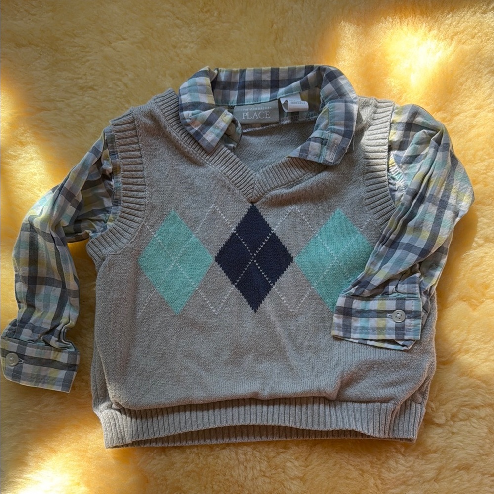 The Children’s Place Argyle Sweater Vest with Plaid Shirt